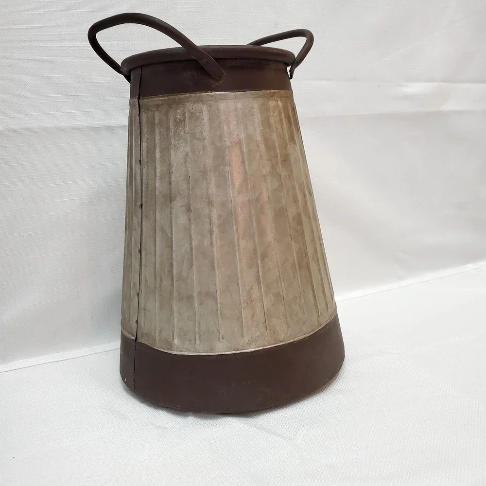 Farmhouse Chic Milk Can Galvanized Metal Canister Vase‎ Vtg Style W/Handles